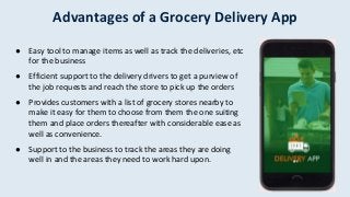 Advantages of a Grocery Delivery App
● Easy tool to manage items as well as track the deliveries, etc
for the business
● Efficient support to the delivery drivers to get a purview of
the job requests and reach the store to pick up the orders
● Provides customers with a list of grocery stores nearby to
make it easy for them to choose from them the one suiting
them and place orders thereafter with considerable ease as
well as convenience.
● Support to the business to track the areas they are doing
well in and the areas they need to work hard upon.
 