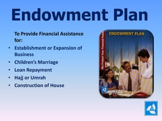 Endowment Plan
To Provide Financial Assistance
for:
• Establishment or Expansion of
Business
• Children’s Marriage
• Loan Repayment
• Hajj or Umrah
• Construction of House
 