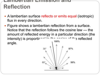 Lambertian Emission and
Reflection
 A lambertian surface reflects or emits equal (isotropic)
flux in every direction.
 Figure shows a lambertian reflection from a surface.
Notice that the reflection follows the cosine law — the
amount of reflected energy in a particular direction (the
intensity) is proportional to the cosine of the reflected
angle.
 