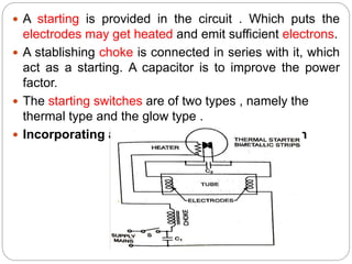  A starting is provided in the circuit . Which puts the
electrodes may get heated and emit sufficient electrons.
 A stablishing choke is connected in series with it, which
act as a starting. A capacitor is to improve the power
factor.
 The starting switches are of two types , namely the
thermal type and the glow type .
 Incorporating a Thermal Type Starter as shown
 