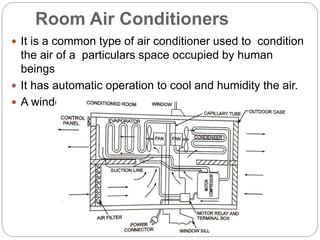 Room Air Conditioners
 It is a common type of air conditioner used to condition
the air of a particulars space occupied by human
beings
 It has automatic operation to cool and humidity the air.
 A window type air conditioner is shown in Figure
 