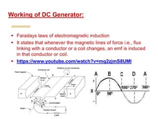  Faradays laws of electromagnetic induction
 It states that whenever the magnetic lines of force i.e., flux
linking with a conductor or a coil changes, an emf is induced
in that conductor or coil.
 https://www.youtube.com/watch?v=mq2zjmS8UMI
Working of DC Generator:
 
