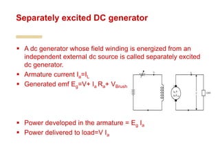  A dc generator whose field winding is energized from an
independent external dc source is called separately excited
dc generator.
 Armature current Ia=IL
 Generated emf Eg=V+ Ia Ra+ VBrush
 Power developed in the armature = Eg Ia
 Power delivered to load=V Ia
Separately excited DC generator
 
