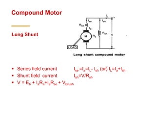 Long Shunt
 Series field current Ise =Ia=IL- Ish (or) IL=Ia+Ish
 Shunt field current Ish=V/Rsh
 V = Eb + IaRa+IaRse + VBrush
Compound Motor
 