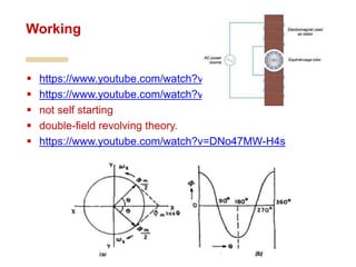  https://www.youtube.com/watch?v=awrUxv7B-a8
 https://www.youtube.com/watch?v=mQ-gPMDv-tI
 not self starting
 double-field revolving theory.
 https://www.youtube.com/watch?v=DNo47MW-H4s
Working
 