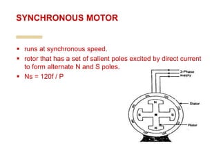  runs at synchronous speed.
 rotor that has a set of salient poles excited by direct current
to form alternate N and S poles.
 Ns = 120f / P
SYNCHRONOUS MOTOR
 
