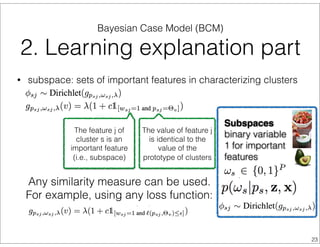 Subspaces
binary variable
1 for important
features
• subspace: sets of important features in characterizing clusters
Any similarity measure can be used.
For example, using any loss function:
The feature j of
cluster s is an
important feature
(i.e., subspace)
The value of feature j
is identical to the
value of the
prototype of clusters
Bayesian Case Model (BCM)
2. Learning explanation part
23
 