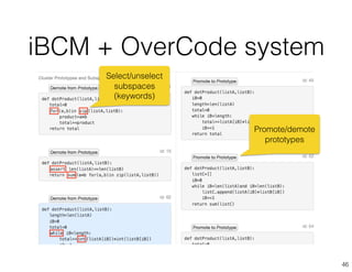 iBCM + OverCode system
46
Select/unselect
subspaces
(keywords)
Promote/demote
prototypes
 