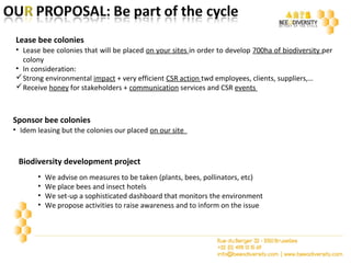 Sponsor bee colonies
• Idem leasing but the colonies our placed on our site
Lease bee colonies
• Lease bee colonies that will be placed on your sites in order to develop 700ha of biodiversity per
colony
• In consideration:
Strong environmental impact + very efficient CSR action twd employees, clients, suppliers,…
Receive honey for stakeholders + communication services and CSR events
Biodiversity development project
• We advise on measures to be taken (plants, bees, pollinators, etc)
• We place bees and insect hotels
• We set-up a sophisticated dashboard that monitors the environment
• We propose activities to raise awareness and to inform on the issue
 