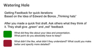 Watering	
  Hole	
  
Getting Feedback for quick iterations
Based on the Idea of Edward de Bonos „Thinking hats“

After you made a quick first draft. Ask others what they think of
it. They shall give „green“ and „red“ feedback

        What did they like about your idea and presentation.
        What point do you absolutely have to keep?

        What didn‘t the like, what didn‘t they understand? What could you make
        better and specify more detailed?
 