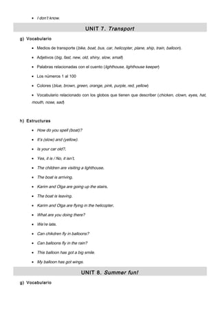 • I don’t know.
UNIT 7. Transport
g) Vocabulario
• Medios de transporte (bike, boat, bus, car, helicopter, plane, ship, train, balloon).
• Adjetivos (big, fast, new, old, shiny, slow, small)
• Palabras relacionadas con el cuento (lighthouse, lighthouse keeper)
• Los números 1 al 100
• Colores (blue, brown, green, orange, pink, purple, red, yellow)
• Vocabulario relacionado con los globos que tienen que describer (chicken, clown, eyes, hat,
mouth, nose, sad)
h) Estructuras
• How do you spell (boat)?
• It’s (slow) and (yellow).
• Is your car old?.
• Yes, it is / No, it isn’t.
• The children are visiting a lighthouse.
• The boat is arriving.
• Karim and Olga are going up the stairs.
• The boat is leaving.
• Karim and Olga are flying in the helicopter.
• What are you doing there?
• We’re late.
• Can chikdren fly in balloons?
• Can balloons fly in the rain?
• This balloon has got a big smile.
• My balloon has got wings.
UNIT 8. Summer fun!
g) Vocabulario
 