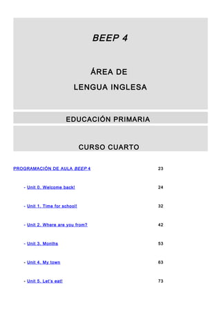 BEEP 4
ÁREA DE
LENGUA INGLESA
EDUCACIÓN PRIMARIA
CURSO CUARTO
PROGRAMACIÓN DE AULA BEEP 4 23
- Unit 0. Welcome back! 24
- Unit 1. Time for school! 32
- Unit 2. Where are you from? 42
- Unit 3. Months 53
- Unit 4. My town 63
- Unit 5. Let’s eat! 73
 