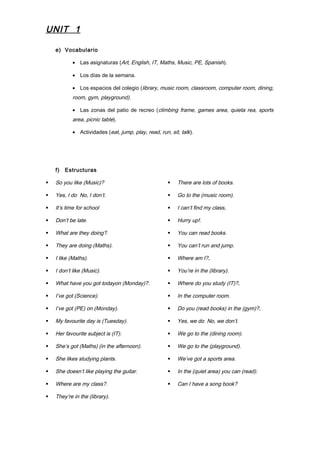 UNIT 1
e) Vocabulario
• Las asignaturas (Art, English, IT, Maths, Music, PE, Spanish).
• Los días de la semana.
• Los espacios del colegio (library, music room, classroom, computer room, dining,
room, gym, playground).
• Las zonas del patio de recreo (climbing frame, games area, quieta rea, sports
area, picnic table).
• Actividades (eat, jump, play, read, run, sit, talk).
f) Estructuras
 So you like (Music)?
 Yes, I do No, I don’t.
 It’s time for school
 Don’t be late.
 What are they doing?.
 They are doing (Maths).
 I like (Maths).
 I don’t like (Music).
 What have you got todayon (Monday)?.
 I’ve got (Science).
 I’ve got (PE) on (Monday).
 My favourite day is (Tuesday).
 Her favourite subject is (IT).
 She’s got (Maths) (in the afternoon).
 She likes studying plants.
 She doesn’t like playing the guitar.
 Where are my class?.
 They’re in the (library).
 There are lots of books.
 Go to the (music room).
 I can’t find my class.
 Hurry up!.
 You can read books.
 You can’t run and jump.
 Where am I?.
 You’re in the (library).
 Where do you study (IT)?.
 In the computer room.
 Do you (read books) in the (gym)?.
 Yes, we do No, we don’t.
 We go to the (dining room).
 We go to the (playground).
 We’ve got a sports area.
 In the (quiet area) you can (read).
 Can I have a song book?
 