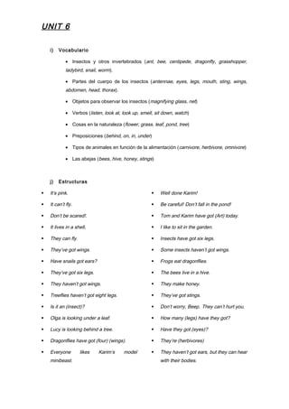 UNIT 6
i) Vocabulario
• Insectos y otros invertebrados (ant, bee, centipede, dragonfly, grasshopper,
ladybird, snail, worm).
• Partes del cuerpo de los insectos (antennae, eyes, legs, mouth, sting, wings,
abdomen, head, thorax).
• Objetos para observar los insectos (magnifying glass, net)
• Verbos (listen, look at, look up, smell, sit down, watch)
• Cosas en la naturaleza (flower, grass, leaf, pond, tree)
• Preposiciones (behind, on, in, under)
• Tipos de animales en función de la alimentación (carnivore, herbivore, omnivore)
• Las abejas (bees, hive, honey, stings)
j) Estructuras
 It’s pink.
 It can’t fly.
 Don’t be scared!.
 It lives in a shell.
 They can fly.
 They’ve got wings.
 Have snails got ears?
 They’ve got six legs.
 They haven’t got wings.
 Treeflies haven’t got eight legs.
 Is it an (insect)?
 Olga is looking under a leaf.
 Lucy is looking behind a tree.
 Dragonflies have got (four) (wings).
 Everyone likes Karim’s model
minibeast.
 Well done Karim!
 Be careful! Don’t fall in the pond!
 Tom and Karim have got (Art) today.
 I like to sit in the garden.
 Insects have got six legs.
 Some insects haven’t got wings.
 Frogs eat dragonflies.
 The bees live in a hive.
 They make honey.
 They’ve got stings.
 Don’t worry, Beep. They can’t hurt you.
 How many (legs) have they got?
 Have they got (eyes)?
 They’re (herbivores)
 They haven’t got ears, but they can hear
with their bodies.
 