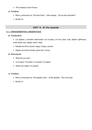 • This (cheese) is from France.
c) Fonética
• Ritmo y entonación en The food chant , I like oranges. , Do you like chocolate?.
• Sonido /t∫/.
UNIT 8. At the seaside
3.1. CONOCIMIENTOS LINGÜÍSTICOS
a) Vocabulario
• Los objetos y animales relacionados con la playa y el mar (boat, crab, dolphin, lighthouse,
sand castle, sea, seagull, shark, shell).
• Estados de ánimo (bored, happy, hungry, scared).
• Objetos de la feria (funfair, ghost train, mirror).
b) Estructuras
• What can you see?
• I’m hungry!, I’m bored!, I’m scared!, I’m happy!.
• What’s the matter? I’m scared.
c) Fonética
• Ritmo y entonación en The seaside chant , At the seaside , This is the way!
• Sonido /s/
 
