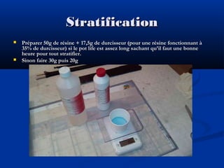 Stratification




Préparer 50g de résine + 17,5g de durcisseur (pour une résine fonctionnant à
35% de durcisseur) si le pot life est assez long sachant qu’il faut une bonne
heure pour tout stratifier.
Sinon faire 30g puis 20g

 