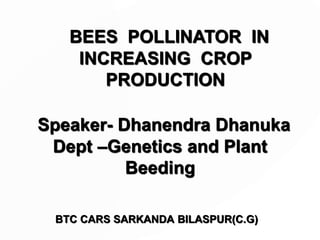 BEES POLLINATOR IN
INCREASING CROP
PRODUCTION
BTC CARS SARKANDA BILASPUR(C.G)
Speaker- Dhanendra Dhanuka
Dept –Genetics and Plant
Beeding
 