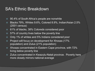 SA’s Ethnic Breakdown90.4% of South Africa’s people are nonwhiteBlacks 79%, Whites 9.6%, Colored 8.9%, Indian/Asian 2.5% (2001 census)61% of blacks, 38% Coloreds considered poor57% of country lives below the poverty lineOnly 1% of whites and 5% Indians considered poorProject will focus on development for Xhosas (17% population) and Zulus (21% population)Xhosas concentrated in Eastern Cape province, with 72% living below poverty lineZulus concentrated in Kwazulu-Natal province.  Poverty here more closely mirrors national average