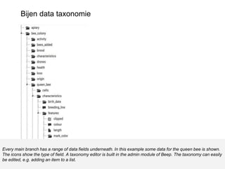 Bijen data taxonomie
Every main branch has a range of data fields underneath. In this example some data for the queen bee is shown.
The icons show the type of field. A taxonomy editor is built in the admin module of Beep. The taxonomy can easily
be edited, e.g. adding an item to a list.
 