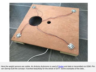 Here the weight sensors are visible. An Arduino Autonomo is used of Sodaq and data is transmitted via GSM. Pim
van Gennip built the concept. It worked beautifully for the whole of 2017. Some examples of the data...
 