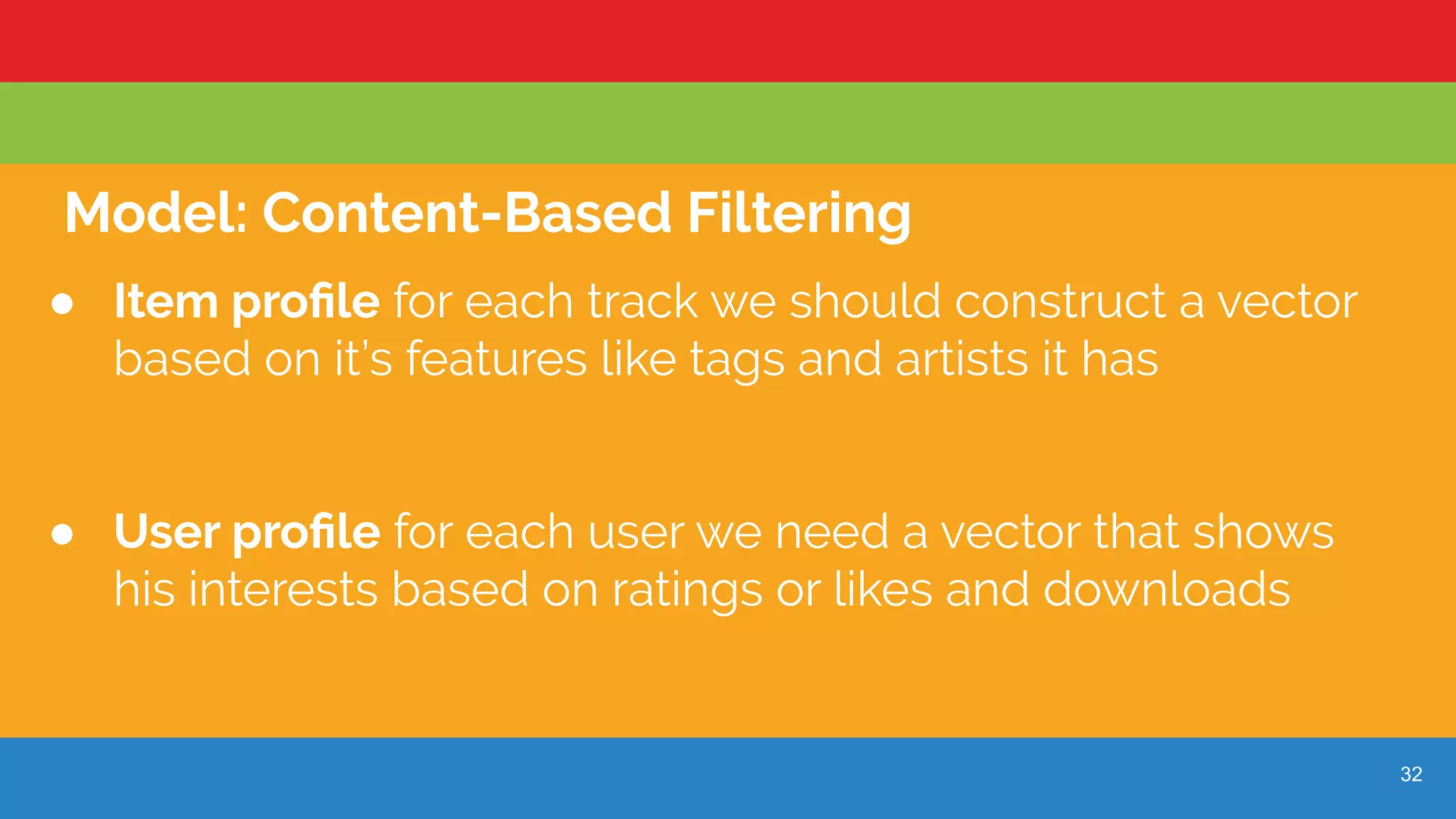 32
Model: Content-Based Filtering
● Item proﬁle for each track we should construct a vector
based on it’s features like tags and artists it has
● User proﬁle for each user we need a vector that shows
his interests based on ratings or likes and downloads
 