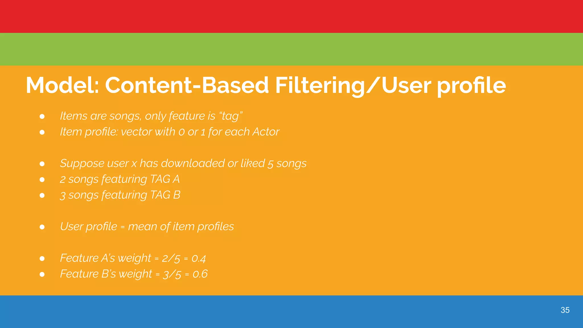 35
Model: Content-Based Filtering/User proﬁle
● Items are songs, only feature is “tag”
● Item proﬁle: vector with 0 or 1 for each Actor
● Suppose user x has downloaded or liked 5 songs
● 2 songs featuring TAG A
● 3 songs featuring TAG B
● User proﬁle = mean of item proﬁles
● Feature A’s weight = 2/5 = 0.4
● Feature B’s weight = 3/5 = 0.6
 