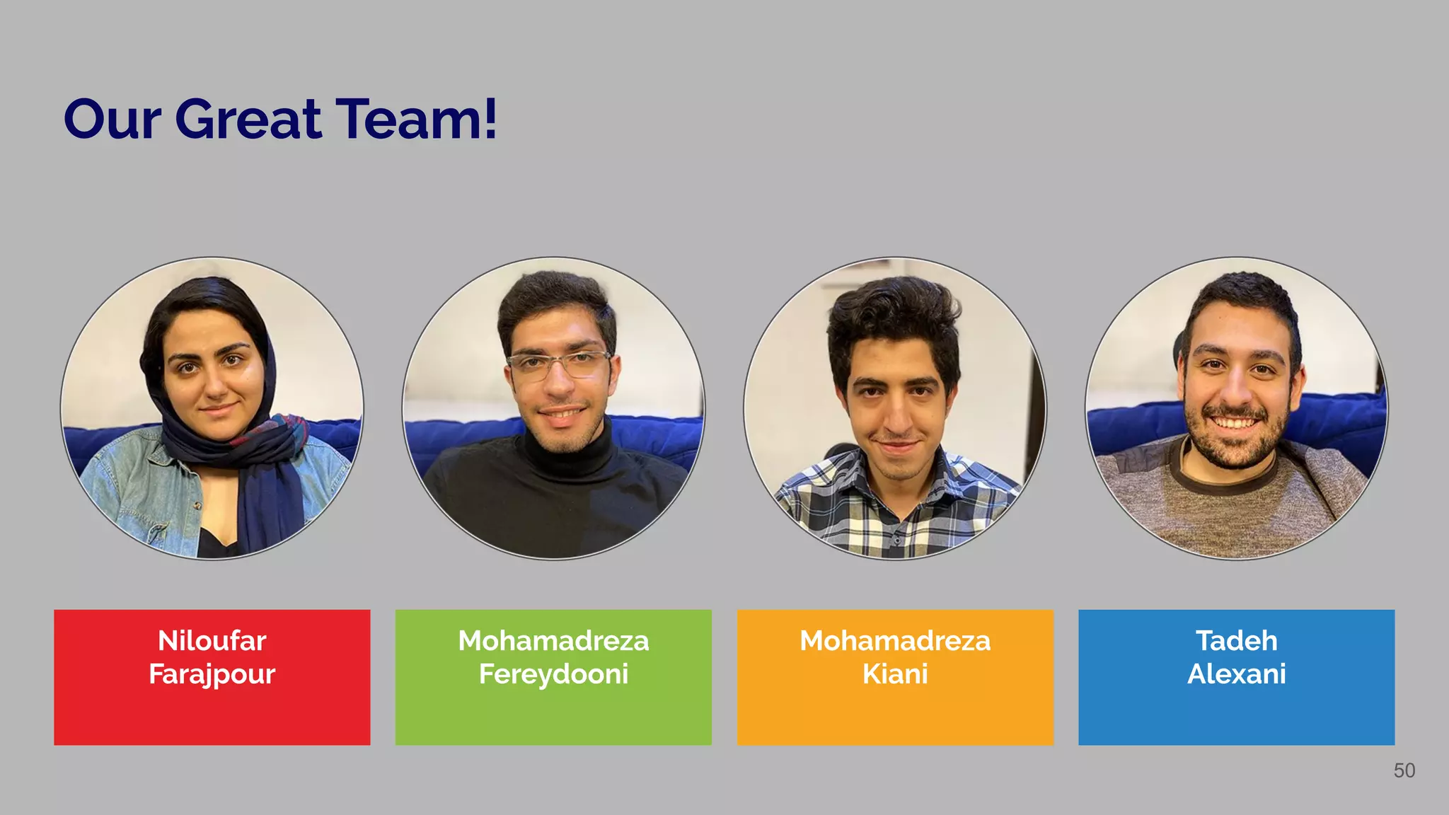 Niloufar
Farajpour
Mohamadreza
Fereydooni
Mohamadreza
Kiani
Tadeh
Alexani
Our Great Team!
50
 