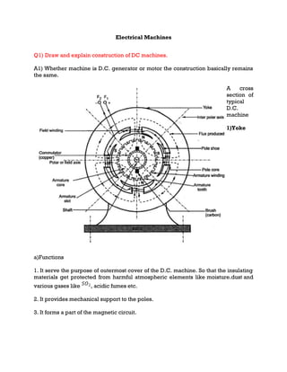 Electrical Machines
Q1) Draw and explain construction of DC machines.
A1) Whether machine is D.C. generator or motor the construction basically remains
the same.
A cross
section of
typical
D.C.
machine
1)Yoke
a)Functions
1. It serve the purpose of outermost cover of the D.C. machine. So that the insulating
materials get protected from harmful atmospheric elements like moisture.dust and
various gases like , acidic fumes etc.
2. It provides mechanical support to the poles.
3. It forms a part of the magnetic circuit.
 