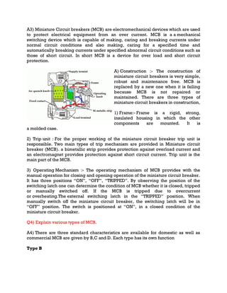 A3) Miniature Circuit breakers (MCB) are electromechanical devices which are used
to protect electrical equipment from an over current. MCB is a a mechanical
switching device which is capable of making, caring and breaking currents under
normal circuit conditions and also making, caring for a specified time and
automatically breaking currents under specified abnormal circuit conditions such as
those of short circuit. In short MCB is a device for over load and short circuit
protection.
A) Construction :- The construction of
miniature circuit breakers is very simple,
robust and maintenance free. MCB is
replaced by a new one when it is failing
because MCB is not repaired or
maintained. There are three types of
miniature circuit breakers in construction,
1) Frame:- Frame is a rigid, strong,
insulated housing in which the other
components are mounted. It is
a molded case.
2) Trip unit : For the proper working of the miniature circuit breaker trip unit is
responsible. Two main types of trip mechanism are provided in Miniature circuit
breaker (MCB). a bimetallic strip provides protection against overload current and
an electromagnet provides protection against short circuit current. Trip unit is the
main part of the MCB.
3) Operating Mechanism :- The operating mechanism of MCB provides with the
manual operation for closing and opening operation of the miniature circuit breaker.
It has three positions “ON”, “OFF”, “TRIPPED”. By observing the position of the
switching latch one can determine the condition of MCB whether it is closed, tripped
or manually switched off. If the MCB is tripped due to overcurrent
or overheating.The external switching latch in the “TRIPPED” position. When
manually switch off the miniature circuit breaker, the switching latch will be in
“OFF” position. The switch is positioned at “ON”, in a closed condition of the
miniature circuit breaker.
Q4) Explain various types of MCB.
A4) There are three standard characteristics are available for domestic as well as
commercial MCB are given by B,C and D. Each type has its own function
Type B
 