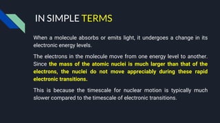 When a molecule absorbs or emits light, it undergoes a change in its
electronic energy levels.
The electrons in the molecule move from one energy level to another.
Since the mass of the atomic nuclei is much larger than that of the
electrons, the nuclei do not move appreciably during these rapid
electronic transitions.
This is because the timescale for nuclear motion is typically much
slower compared to the timescale of electronic transitions.
IN SIMPLE TERMS
 