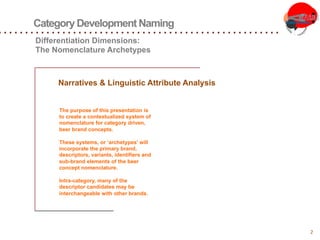 Category Development Naming
2
Narratives & Linguistic Attribute Analysis
The purpose of this presentation is
to create a contextualized system of
nomenclature for category driven,
beer brand concepts.
These systems, or ‘archetypes’ will
incorporate the primary brand,
descriptors, variants, identifiers and
sub-brand elements of the beer
concept nomenclature.
Intra-category, many of the
descriptor candidates may be
interchangeable with other brands.
Differentiation Dimensions:
The Nomenclature Archetypes
 