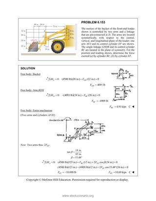 Copyright © McGraw-Hill Education. Permission required for reproduction or display.
PROBLEM 6.153
The motion of the bucket of the front-end loader
shown is controlled by two arms and a linkage
that are pin-connected at D. The arms are located
symmetrically with respect to the central,
vertical, and longitudinal plane of the loader; one
arm AFJ and its control cylinder EF are shown.
The single linkage GHDB and its control cylinder
BC are located in the plane of symmetry. For the
position and loading shown, determine the force
exerted (a) by cylinder BC, (b) by cylinder EF.
SOLUTION
Free body: Bucket
0: (4500 lb)(20 in.) (22 in.) 0
J GH
M F
   
4091 lb
GH
F 
Free body: Arm BDH
0: (4091 lb)(24 in.) (20 in.) 0
D BC
M F
    
4909 lb
BC
F  
4.91 kips
BC
F C
 
Free body: Entire mechanism
(Two arms and cylinders AFJE)
Note: Two arms thus 2 EF
F
18 in.
tan
65 in.
15.48



 
0: (4500 lb)(123 in.) (12 in.) 2 cos (24 in.) 0
A BC EF
M F F 
    
(4500 lb)(123 in.) (4909 lb)(12 in.) 2 cos15.48 (24 in.) 0
EF
F
   
10.690 lb
EF
F   10.69 kips
EF
F C
 
www.elsolucionario.org
 