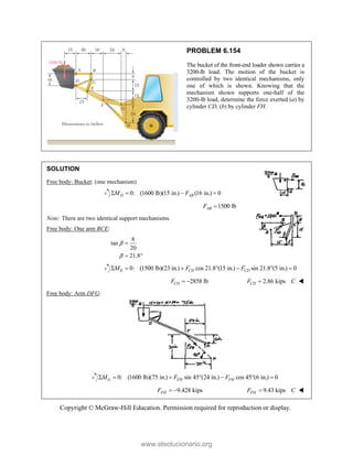 Copyright © McGraw-Hill Education. Permission required for reproduction or display.
PROBLEM 6.154
The bucket of the front-end loader shown carries a
3200-lb load. The motion of the bucket is
controlled by two identical mechanisms, only
one of which is shown. Knowing that the
mechanism shown supports one-half of the
3200-lb load, determine the force exerted (a) by
cylinder CD, (b) by cylinder FH.
SOLUTION
Free body: Bucket: (one mechanism)
0: (1600 lb)(15 in.) (16 in.) 0
D AB
M F
   
1500 lb
AB
F 
Note: There are two identical support mechanisms.
Free body: One arm BCE:
8
tan
20
21.8



 
0: (1500 lb)(23 in.) cos 21.8 (15 in.) sin 21.8 (5 in.) 0
E CD CD
M F F
      
2858 lb
CD
F   2.86 kips
CD
F C
 
Free body: Arm DFG:
0: (1600 lb)(75 in.) sin 45 (24 in.) cos 45 (6 in.) 0
G FH FH
M F F
      
9.428 kips
FH
F   9.43 kips
FH
F C
 
www.elsolucionario.org
 