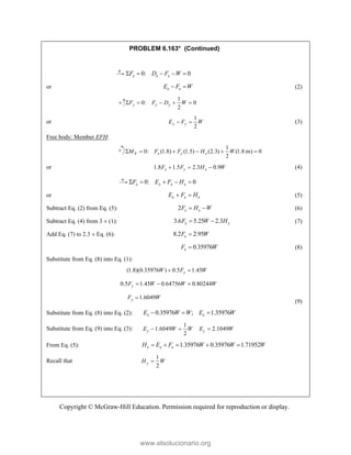 Copyright © McGraw-Hill Education. Permission required for reproduction or display.
PROBLEM 6.163* (Continued)
0: 0
x x x
F D F W
    
or x x
E F W
  (2)
1
0: 0
2
y y y
F F D W
    
or
1
2
y y
E F W
  (3)
Free body: Member EFH:
1
0: (1.8) (1.5) (2.3) (1.8 m) 0
2
E x y x
M F F H W
     
or 1.8 1.5 2.3 0.9
  
x y x
F F H W (4)
0: 0
x x x x
F E F H
    
or x x x
E F H
  (5)
Subtract Eq. (2) from Eq. (5): 2 x x
F H W
  (6)
Subtract Eq. (4) from 3  (1): 3.6 5.25 2.3
x x
F W H
  (7)
Add Eq. (7) to 2.3  Eq. (6): 8.2 2.95
x
F W

0.35976
x
F W
 (8)
Substitute from Eq. (8) into Eq. (1):
(1.8)(0.35976 ) 0.5 1.45
y
W F W
 
0.5 1.45 0.64756 0.80244
y
F W W W
  
1.6049
y
F W

(9)
Substitute from Eq. (8) into Eq. (2): 0.35976 ; 1.35976
x x
E W W E W
  
Substitute from Eq. (9) into Eq. (3):
1
1.6049 2.1049
2
y y
E W W E W
  
From Eq. (5): 1.35976 0.35976 1.71952
x x x
H E F W W W
    
Recall that
1
2
y
H W

www.elsolucionario.org
 