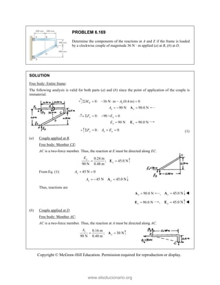 Copyright © McGraw-Hill Education. Permission required for reproduction or display.
PROBLEM 6.169
Determine the components of the reactions at A and E if the frame is loaded
by a clockwise couple of magnitude 36 N · m applied (a) at B, (b) at D.
SOLUTION
Free body: Entire frame:
The following analysis is valid for both parts (a) and (b) since the point of application of the couple is
immaterial.
0: 36 N m (0.4 m) 0
E x
M A
     
90 N 90.0 N
x x
A   
A
0: 90 + 0
x x
F E
   
90 N 90.0 N
x x
E  
E
0: 0
y y y
F A E
    (1)
(a) Couple applied at B.
Free body: Member CE:
AC is a two-force member. Thus, the reaction at E must be directed along EC.
0.24 m
; 45.0 N
90 N 0.48 m
y
y
E
 
E
From Eq. (1): 45 N 0
 
y
A
45 N 45.0 N
y y
A   
A
Thus, reactions are
90.0 N
x 
A , 45.0 N
y 
A 
90.0 N
x 
E , 45.0 N
y 
E 
(b) Couple applied at D.
Free body: Member AC:
AC is a two-force member. Thus, the reaction at A must be directed along AC.
0.16 m
; 30 N
90 N 0.48 m
y
y
A
 
A
www.elsolucionario.org
 