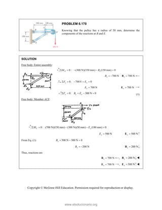 Copyright © McGraw-Hill Education. Permission required for reproduction or display.
PROBLEM 6.170
Knowing that the pulley has a radius of 50 mm, determine the
components of the reactions at B and E.
SOLUTION
Free body: Entire assembly:
0 : (300 N)(350 mm) (150 mm) 0
E x
M B
    
700 N
x
B   700 N
x 
B
0: 700 0
x x
F N E
    
700 N
x
E  700 N
x 
E
0: 300 N 0
y y y
F B E
     (1)
Free body: Member ACE:
0: (700 N)(150 mm) (300 N)(50 mm) (180 mm) 0
C y
M E
    
500 N
y
E  500 N
y 
E
From Eq. (1): 500 N 300 N 0
y
B   
200 N
y
B   200 N
y 
B
Thus, reactions are
700 N
x 
B , 200 N
y 
B 
700 N
x 
E , 500 N
y 
E 
www.elsolucionario.org
 