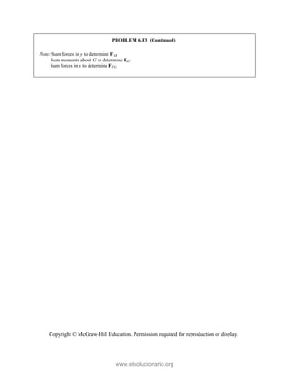 Copyright © McGraw-Hill Education. Permission required for reproduction or display.
PROBLEM 6.F3 (Continued)
Note: Sum forces in y to determine FAB
Sum moments about G to determine FBC
Sum forces in x to determine FFG

www.elsolucionario.org
 