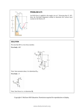 Copyright © McGraw-Hill Education. Permission required for reproduction or display.
PROBLEM 6.F5
An 84-lb force is applied to the toggle vise at C. Knowing that  = 90,
draw the free-body diagram(s) needed to determine the vertical force
exerted on the block at D.
SOLUTION
We note that BD is a two-force member.
Free body: ABC
Note: Sum moments about A to determine FBD.
Free body: D
Note: Sum forces in y to determine Dy.
www.elsolucionario.org
 