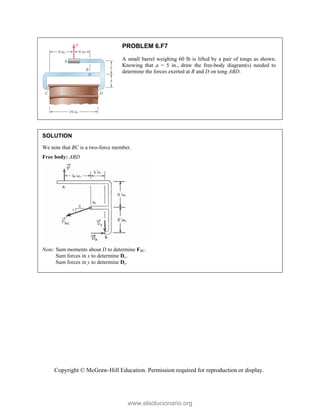 Copyright © McGraw-Hill Education. Permission required for reproduction or display.
PROBLEM 6.F7
A small barrel weighing 60 lb is lifted by a pair of tongs as shown.
Knowing that a = 5 in., draw the free-body diagram(s) needed to
determine the forces exerted at B and D on tong ABD.
SOLUTION
We note that BC is a two-force member.
Free body: ABD
Note: Sum moments about D to determine FBC.
Sum forces in x to determine Dx.
Sum forces in y to determine Dy.

www.elsolucionario.org
 