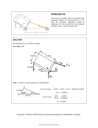 Copyright © McGraw-Hill Education. Permission required for reproduction or display.
PROBLEM 6.F8
The position of member ABC is controlled by the
hydraulic cylinder CD. Knowing that θ  30°,
draw the free-body diagram(s) needed to
determine the force exerted by the hydraulic
cylinder on pin C, and the reaction at B.
SOLUTION
We note that CD is a two-force member.
Free body: ABC
Note: To find , consider geometry of triangle BCD:
Law of cosines: 2 2 2
( ) (0.5) (1.5) 2(0.5)(1.5)cos60
CD    
1.32288 m
CD 
Law of sines:
sin sin 60
0.5 m 1.32288 m
q 

19.1066
   
www.elsolucionario.org
 