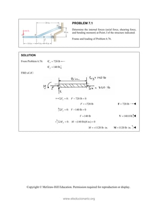Copyright © McGraw-Hill Education. Permission required for reproduction or display.
PROBLEM 7.1
Determine the internal forces (axial force, shearing force,
and bending moment) at Point J of the structure indicated.
Frame and loading of Problem 6.76.
SOLUTION
From Problem 6.76: 720 lb
x 
C
140 lb
y 
C
FBD of JC:
0: 720 lb 0
x
F F
   
720 lb
F   720 lb

F 
0: 140 lb 0
y
F V
   
140 lb
V  140.0 lb

V 
0: (140 lb)(8 in.) 0
J
M M
   
1120 lb in.
M    1120 lb in.
 
M 
www.elsolucionario.org
 
