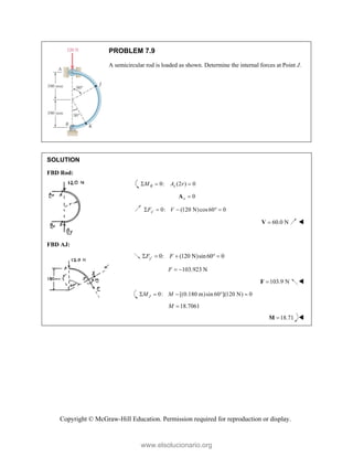 Copyright © McGraw-Hill Education. Permission required for reproduction or display.
PROBLEM 7.9
A semicircular rod is loaded as shown. Determine the internal forces at Point J.
SOLUTION
FBD Rod:
0: (2 ) 0
B x
M A r
  
0
x 
A
0: (120 N)cos60 0
x
F V

    
60.0 N

V 

FBD AJ:
0: (120 N)sin60 0
y
F F

    
103.923 N
F  
103.9 N

F 
0: [(0.180 m)sin 60 ](120 N) 0
J
M M
    
18.7061
M 
18.71

M 
www.elsolucionario.org
 