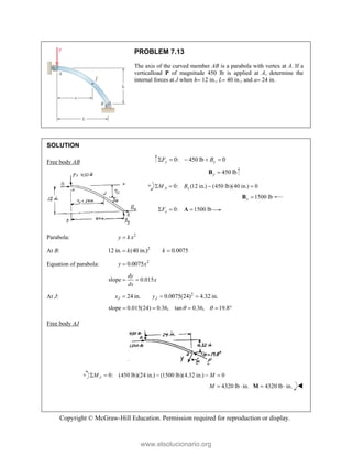Copyright © McGraw-Hill Education. Permission required for reproduction or display.
PROBLEM 7.13
The axis of the curved member AB is a parabola with vertex at A. If a
verticalload P of magnitude 450 lb is applied at A, determine the
internal forces at J when h 12 in., L 40 in., and a 24 in.
SOLUTION
Free body AB 0: 450 lb 0
y y
F B
    
450 lb
y 
B
0: (12 in.) (450 lb)(40 in.) 0
A x
M B
   
1500 lb
x 
B
0: 1500 lb
x
F
  
A
Parabola: 2
y k x

At B: 2
12 in. (40 in.) 0.0075
k k
 
Equation of parabola: 2
0.0075
y x

slope 0.015
dy
x
dx
 
At J: 2
24 in. 0.0075(24) 4.32 in.
J J
x y
  
slope 0.015(24) 0.36, tan 0.36, 19.8
 
    
Free body AJ
0: (450 lb)(24 in.) (1500 lb)(4.32 in.) 0
J
M M
    
4320 lb in.
M   4320 lb in.
 
M 
www.elsolucionario.org
 