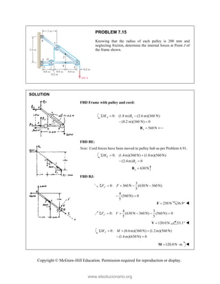 Copyright © McGraw-Hill Education. Permission required for reproduction or display.
PROBLEM 7.15
Knowing that the radius of each pulley is 200 mm and
neglecting friction, determine the internal forces at Point J of
the frame shown.
SOLUTION
FBD Frame with pulley and cord:
0: (1.8 m) (2.6 m)(360 N)
(0.2 m)(360 N) 0
A x
M B
  
 
560 N
x 
B
FBD BE:
Note: Cord forces have been moved to pulley hub as per Problem 6.91.
0: (1.4m)(360N) (1.8m)(560N)
(2.4m) 0
E
y
M
B
  
 
630N
y 
B
FBD BJ:
3
0: 360N (630N 360N)
5
4
(560N) 0
5
x
F F

    
 
250N

F 36.9° 
4 3
0: (630 N 360 N) (560 N) 0
5 5
y
F V

     
120.0 N

V 53.1° 
0: (0.6m)(360N) (1.2m)(560N)
(1.6m)(630N) 0
J
M M
   
 
120.0N m
 
M 
www.elsolucionario.org
 