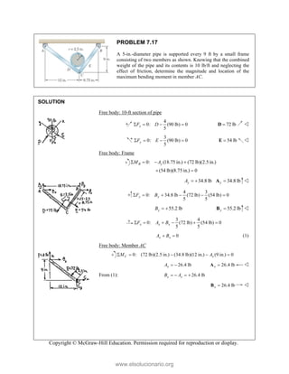 Copyright © McGraw-Hill Education. Permission required for reproduction or display.
PROBLEM 7.17
A 5-in.-diameter pipe is supported every 9 ft by a small frame
consisting of two members as shown. Knowing that the combined
weight of the pipe and its contents is 10 lb/ft and neglecting the
effect of friction, determine the magnitude and location of the
maximum bending moment in member AC.
SOLUTION
Free body: 10-ft section of pipe
4
0: (90 lb) 0
5
x
F D
    72 lb

D 
3
0: (90 lb) 0
5
y
F E
    54 lb

E 
Free body: Frame
0: (18.75 in.) (72 lb)(2.5 in.)
(54 lb)(8.75 in.) 0
B y
M A
   
 
34.8 lb
y
A   34.8 lb
y 
A 
4 3
0: 34.8 lb (72 lb) (54 lb) 0
5 5
y y
F B
     
55.2 lb
y
B   55.2 lb
y 
B 
3 4
0: (72 lb) (54 lb) 0
5 5
x x x
F A B
     
0
x x
A B
  (1)
Free body: Member AC
0: (72 lb)(2.5 in.) (34.8 lb)(12 in.) (9 in.) 0
C x
M A
    
26.4 lb
x
A   26.4 lb
x 
A 
From (1): 26.4 lb
x x
B A
   
26.4 lb
x 
B 
www.elsolucionario.org
 