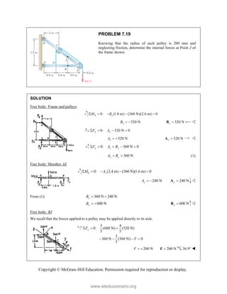 Copyright © McGraw-Hill Education. Permission required for reproduction or display.
PROBLEM 7.19
Knowing that the radius of each pulley is 200 mm and
neglecting friction, determine the internal forces at Point J of
the frame shown.
SOLUTION
Free body: Frame and pulleys
0: (1.8 m) (360 N)(2.6 m) 0
A x
M B
    
520 N
x
B   520 N
x 
B 
0: 520 N 0
x x
F A
   
520 N
x
A   520 N
x 
A 
0: 360 N 0
y y y
F A B
    
360 N
y y
A B
  (1)
Free body: Member AE
0: (2.4 m) (360 N)(1.6 m) 0
E y
M A
    
240 N
y
A   240 N
y 
A 
From (1): 360 N 240 N
y
B  
600 N
y
B   600 N
y 
B 
Free body: BJ
We recall that the forces applied to a pulley may be applied directly to its axle.
3 4
0: (600 N) (520 N)
5 5
3
360 N (360 N) 0
5
y
F
F
  
   
200 N
F   200 N

F 36.9° 
www.elsolucionario.org
 