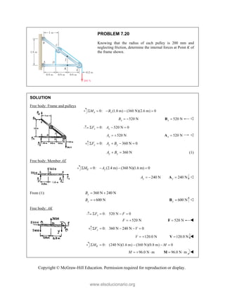 Copyright © McGraw-Hill Education. Permission required for reproduction or display.
PROBLEM 7.20
Knowing that the radius of each pulley is 200 mm and
neglecting friction, determine the internal forces at Point K of
the frame shown.
SOLUTION
Free body: Frame and pulleys
0: (1.8 m) (360 N)(2.6 m) 0
A x
M B
    
520 N
x
B   520 N
x 
B 
0: 520 N 0
x x
F A
   
520 N
x
A   520 N
x 
A 
0: 360 N 0
y y y
F A B
    
360 N
y y
A B
  (1)
Free body: Member AE
0: (2.4 m) (360 N)(1.6 m) 0
E y
M A
    
240 N
y
A   240 N
y 
A 
From (1): 360 N 240 N
y
B  
600 N
y
B   600 N
y 
B 
Free body: AK
0: 520 N 0
x
F F
   
520 N
F   520 N

F 
0: 360 N 240 N 0
y
F V
    
120.0 N
V   120.0 N

V 
0: (240 N)(1.6 m) (360 N)(0.8 m) 0
K
M M
    
96.0 N m
M    96.0 N m
 
M 
www.elsolucionario.org
 