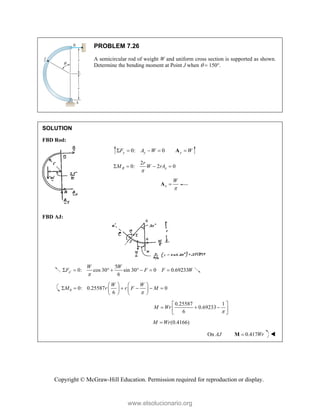 Copyright © McGraw-Hill Education. Permission required for reproduction or display.
PROBLEM 7.26
A semicircular rod of weight W and uniform cross section is supported as shown.
Determine the bending moment at Point J when  150.
SOLUTION
FBD Rod:
0: 0
y y y
F A W W
    
A
2
0: 2 0
B x
r
M W rA

   
x
W


A
FBD AJ:
5
0: cos 30 sin 30 0 0.69233
6
x
W W
F F F W


       
0 0: 0.25587 0
6
W W
M r r F M

   
     
   
   
0.25587 1
0.69233
6
M Wr

 
  
 
 
(0.4166)
M Wr

On AJ 0.417Wr

M 
www.elsolucionario.org
 