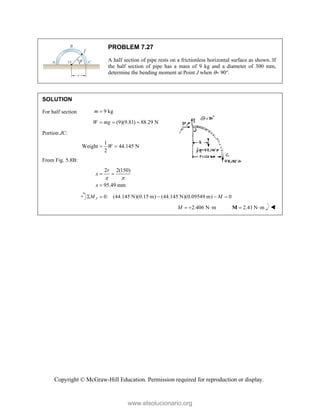 Copyright © McGraw-Hill Education. Permission required for reproduction or display.
PROBLEM 7.27
A half section of pipe rests on a frictionless horizontal surface as shown. If
the half section of pipe has a mass of 9 kg and a diameter of 300 mm,
determine the bending moment at Point J when  90°.
SOLUTION
For half section 9 kg
m 
(9)(9.81) 88.29 N
W mg
  
Portion JC:
1
Weight 44.145 N
2
W
 
From Fig. 5.8B:
2 2(150)
95.49 mm
r
x
x
 
 

0: (44.145 N)(0.15 m) (44.145 N)(0.09549 m) 0
J
M M
    
2.406 N m
M    2.41 N m
 
M 
www.elsolucionario.org
 