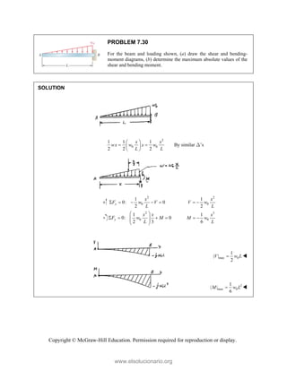 Copyright © McGraw-Hill Education. Permission required for reproduction or display.
PROBLEM 7.30
For the beam and loading shown, (a) draw the shear and bending-
moment diagrams, (b) determine the maximum absolute values of the
shear and bending moment.
SOLUTION
2
0 0
1 1 1
2 2 2
x x
wx w x w
L L
 
 
 
 
By similar D’s
2
0
1
0: 0
2
y
x
F w V
L
    
2
0
1
2
x
V w
L
 
2
0
1
0: 0
2 3
y
x x
F w M
L
 
   
 
 
 
3
0
1
6
x
M w
L
 
max 0
1
| |
2
V w L
 
2
max 0
1
| |
6
M w L
 
www.elsolucionario.org
 